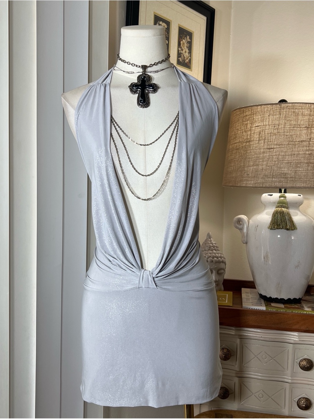 Symphony Silver Deep V Halter Knot Mini Dress
